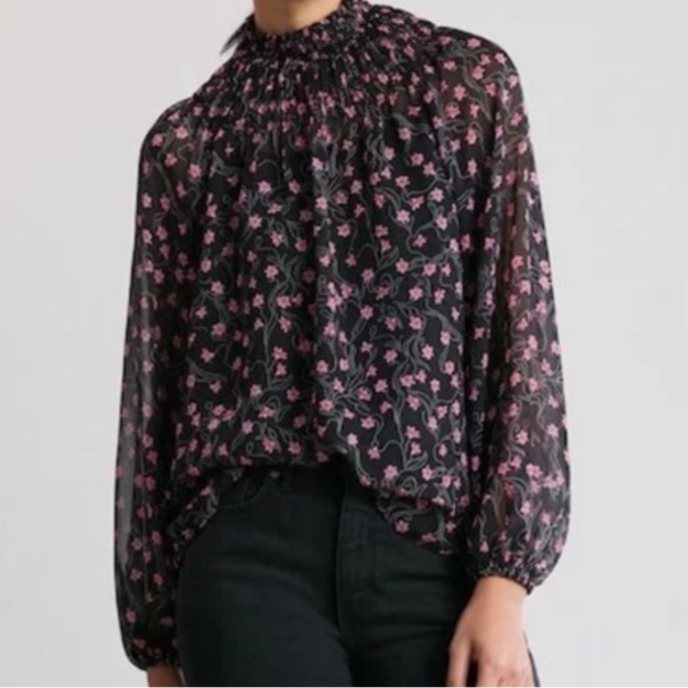 ELIZABETH AND JAMES Sheer Floral Smocked Neck Blouse Size L